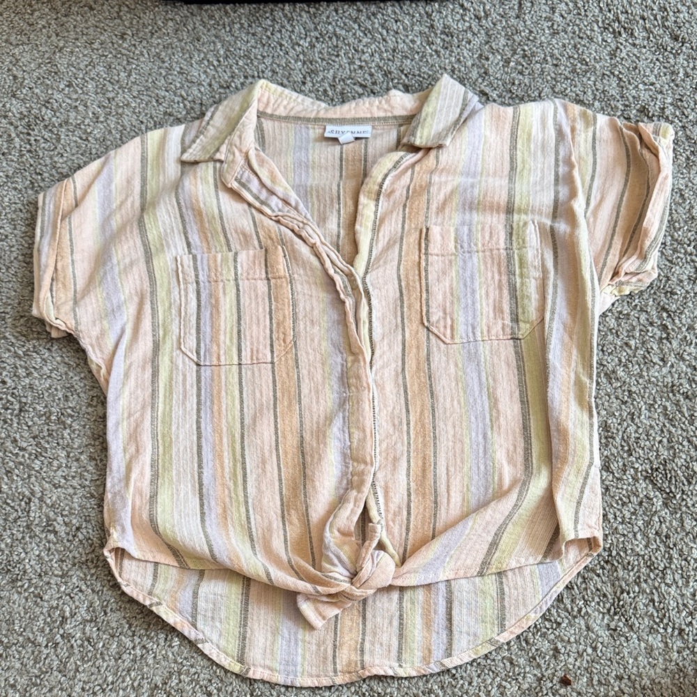 Shyanne Women's Striped Button Down Shirt - Pastel Peach and Green